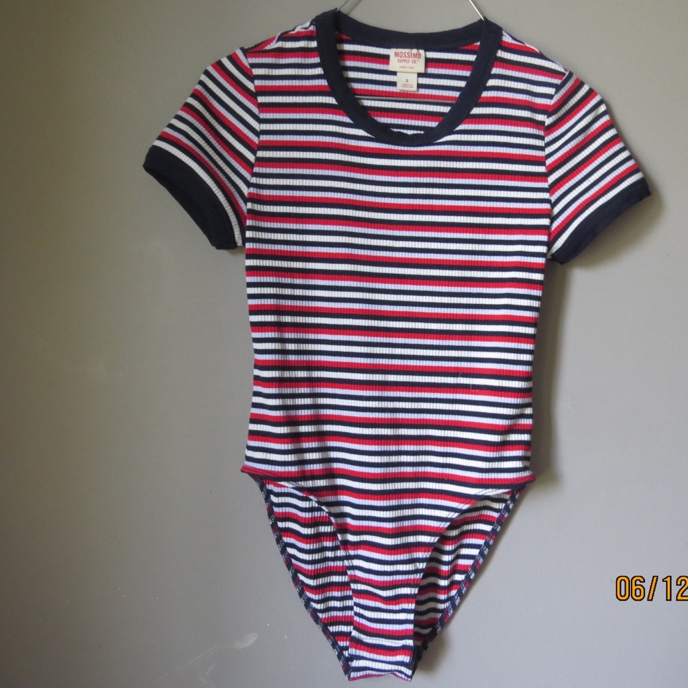 This is a red white and blue stripped bodysuit